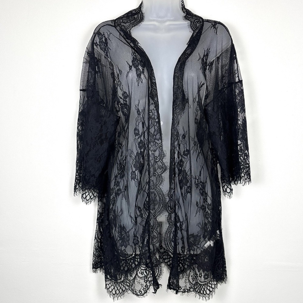 Avidlove Robe M Black Sheer Floral Lace Kimono Sleeve Eyelash Trim Lingerie